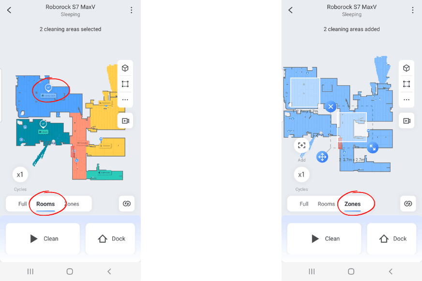 Single room cleaning or area cleaning is set in the Roborock S7 MaxV Ultra App. 